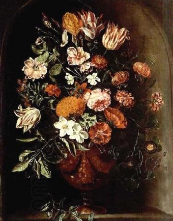 unknow artist A still life with tulips, roses, a red turban cup lily, auricula, jasmin, an iris, carnations and other flowers in a vase, all in a stone niche.